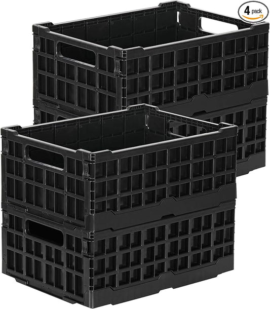 4-Pack Heavy Duty Stackable Storage Crates Plastic Collapsible Milk Crate Garage Organizing Bins Storage Containers for Home Office Moving Supplies, Black