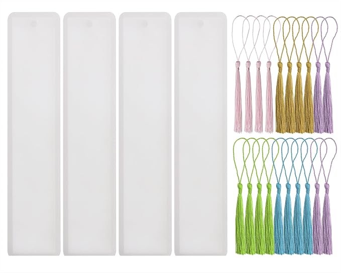 Bookmark Mold with Tassels 4Pcs Rectangle Silicone Jewelry Making Mould with 20Pcs Colorful Silky Tassels for Epoxy Resin Casting Christmas Ornaments Gift Tags Craft DIY (2.5x14cm, Rectangle)