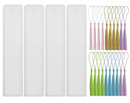 Bookmark Mold with Tassels 4Pcs Rectangle Silicone Jewelry Making Mould with 20Pcs Colorful Silky Tassels for Epoxy Resin Casting Christmas Ornaments Gift Tags Craft DIY (2.5x14cm, Rectangle)