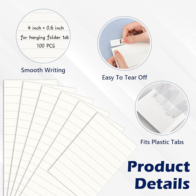 100 Pcs Hanging File Folder Paper Inserts 4 inch Off White Blank File Tab Inserts Thick Cardstock for Hanging Folder (4×0.6 inch)（No Tabs）