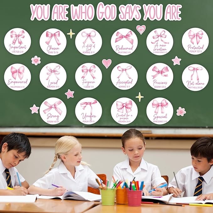 Christian Bulletin Board Decorations Inspirational Bulletin Board Set Pink Bow God Says You are Religious Classroom Wall Decor VBS Motivational Cutouts for Sunday School Home Church Supplies