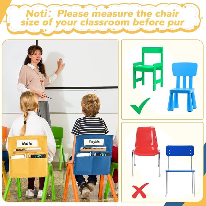 gisgfim 12 Pcs Chair Pockets for Classroom 16.7 x 19.3 Inch s with Name Tag Chairback 3 Pockets Chairs Seat Back Organizer for Elementary School Daycare Home Supply (Groovy)