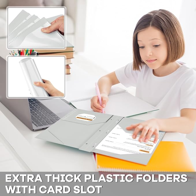 Henoyso 18 Pcs Plastic Folder with Clear Front Pocket and 3 Prong Plastic Folders with Card Slot Pocket Folders with Prongs for School Office (Gray White)