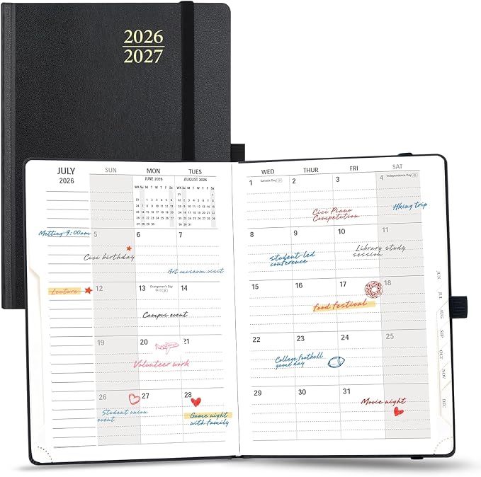 POPRUN Monthly Planner 2026-2027, 6.25" x 8.5", 18 Month (Jul 2026 - Dec 2027) Calendar Book, Academic Calendar Planner with Monthly Tabs, Inner Pocket, Hard Cover, 100GSM Paper - Black