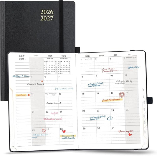 POPRUN Monthly Planner 2026-2027, 6.25" x 8.5", 18 Month (Jul 2026 - Dec 2027) Calendar Book, Academic Calendar Planner with Monthly Tabs, Inner Pocket, Hard Cover, 100GSM Paper - Black