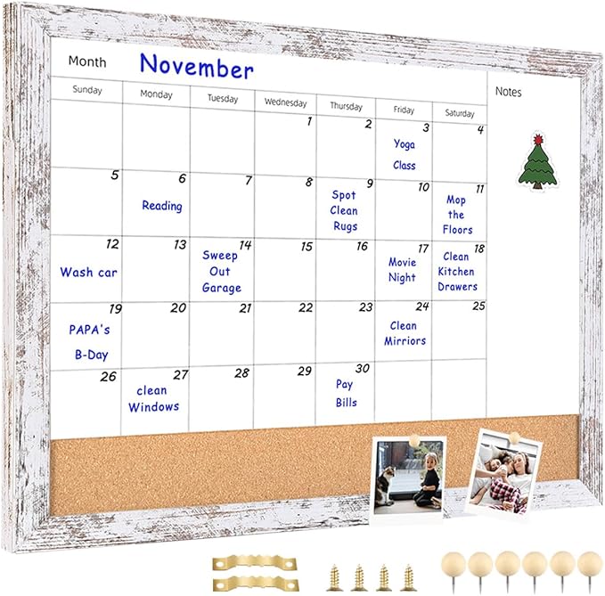Monthly Calendar Dry Erase White Board & Cork Bulletin Board，13" x 17" White Wood Frame，Magnetic Surface Whiteboard.Perfect for Organizing Your Space.Whiteboard+Cork-3343B-WH