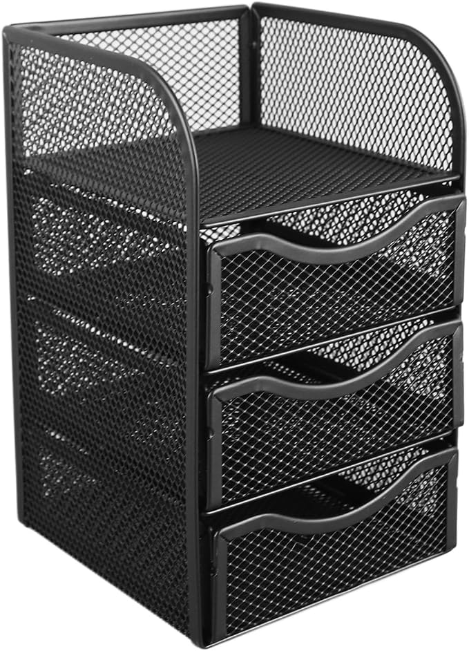 Desk Organizer with 3 Drawers Metal Mesh Slip Desktop Organizer for Office Supplies Stationery Black Office Products Desk Accessories Organizers Desk Supplies Holders