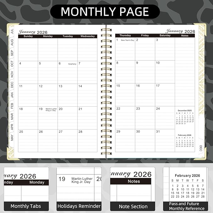 2026 Planner, Jan.2026 - Dec.2026 Planner Weekly and Monthly 6.25"x8.5" with Page Tabs, Calendar Hardcover with Inner Pocket, Elastic Band,Twin-Wire Binding,Bookmark, Black Leopard