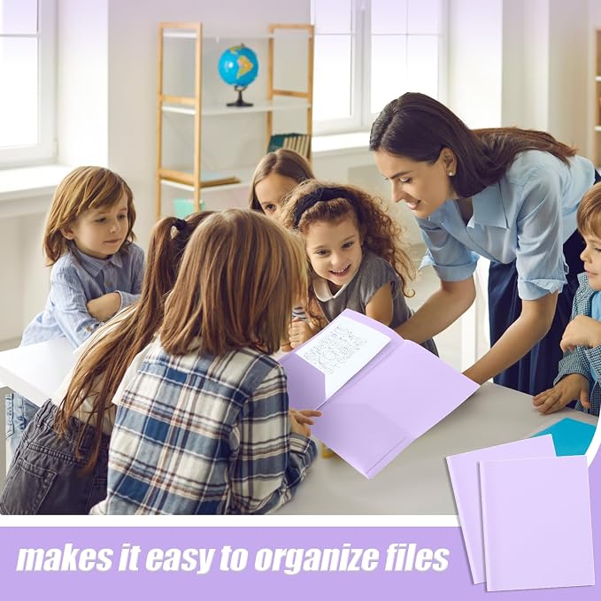 Gueevin 100 Pack Plastic Folder with Pockets, 2 Pocket Folders, Plastic Glossy Folders Fit Letter Size Paper, Heavy Duty Durable File Folder with Business Card for Home Office School (Light Purple)