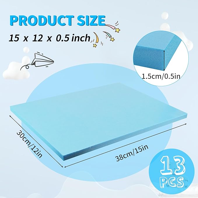 LuckyFoam Blue 13 Pack 15x12x0.5 inch Foam Sheets 0.5 Inch Thick Polystyrene Rectangles XPS Foam Board Craft for Insulating DIY Modeling Art Supplies