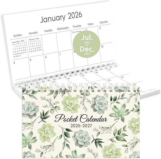 Pocket Calendar 2025-2027, Green 2025-2027 Monthly Planner -3.7" x 6.7" for Purse, Runs from July 2025 Until December 2027, Monthly Planner Pocket Size with Coil Organizing & Planning