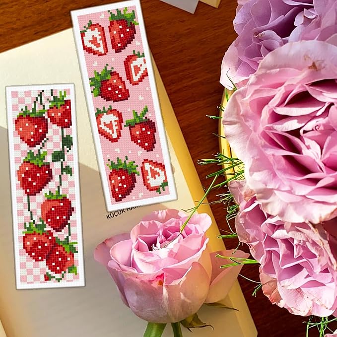 BEUNITONE 6PCS Cross Stitch Bookmarks Kit for Adults Beginners,Strawberry Book Mark DIY Stamped Embroidery Bookmark Kits with Backing Felt Floss,8.5''x3'' Page Markers for Students Teachers Reading