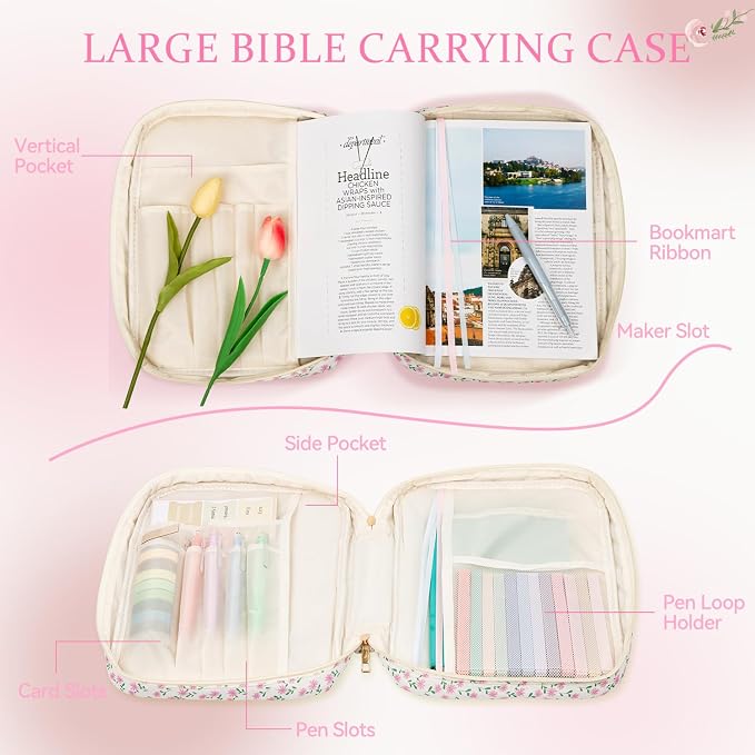 Bible Cover Case for Women Large Quilted Bible Carrying Bag with Handles Bible Study Supplies & Accessories Christian Gifts for Women(Cotton-Purple, M)