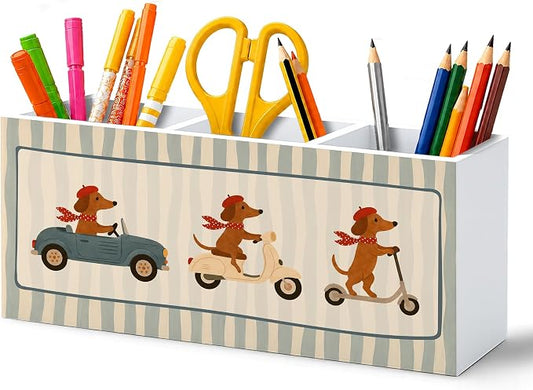 Funny Dachshund Pen Pencil Holder for Desk, Dachshund Doxie Gifts for Women, Weiner Dog Gifts, Funny Weiner Dog Car Wooden Pencil Holder Organizer Desk Accessories Decor for Home Office