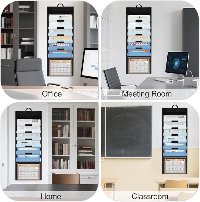 Wall File Organizer 6 Pocket, Hanging Wall File Organiser for Classrooms and Offices, 6 Removable Poly Hanging File Folders Black/Blue