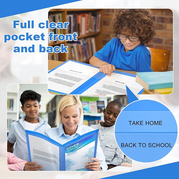 Henoyso 24 Pcs Take Home Folder Heavy Duty 2 Clear Front Pockets and 2 Inside Pockets Homework Folders for School Students Parent Teacher Classroom Communication(Blue)