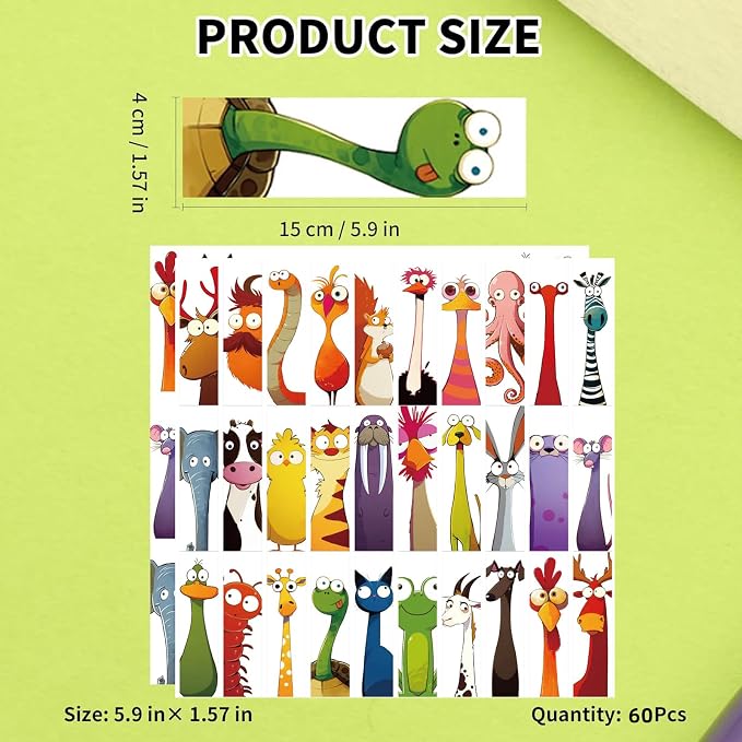 60PCS Funny Animal Bookmarks for Kids - Creative Unique Cartoon Page Holders,Gifts for Book Lovers, Students,Readers on Birthday/School Rewards/Library Reading,4th of July Gift