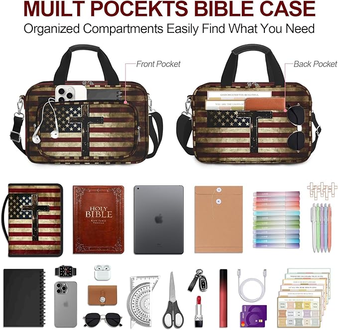 American Flag Cross Bible Cover Case for Women Men Boys, Large Bible Bag Book Carrying Case with Strap & Handle Zipper Pocket, Bible Study Supplies Journaling Kit, Highlighters and Pens Cross Clips