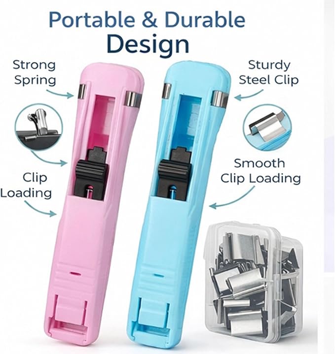 Portable Binder Clip Stapler - Includes 50 Reusable Clips Desktop Push Stapler Binder Clip Paper Clamps Handheld Reusable Push Paper Dispenser for Document School Office (2PCS F)