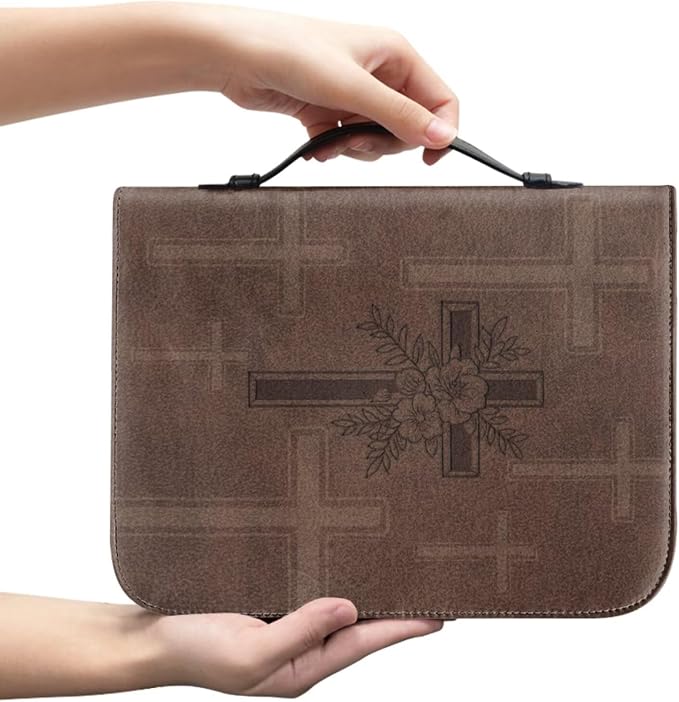 Vintage Religious Cross Bible Case with Bookmark Waterproof Bible Cover Case for Women Lightweight Bible Bag with Handle Pockets Church Book Bag Brown