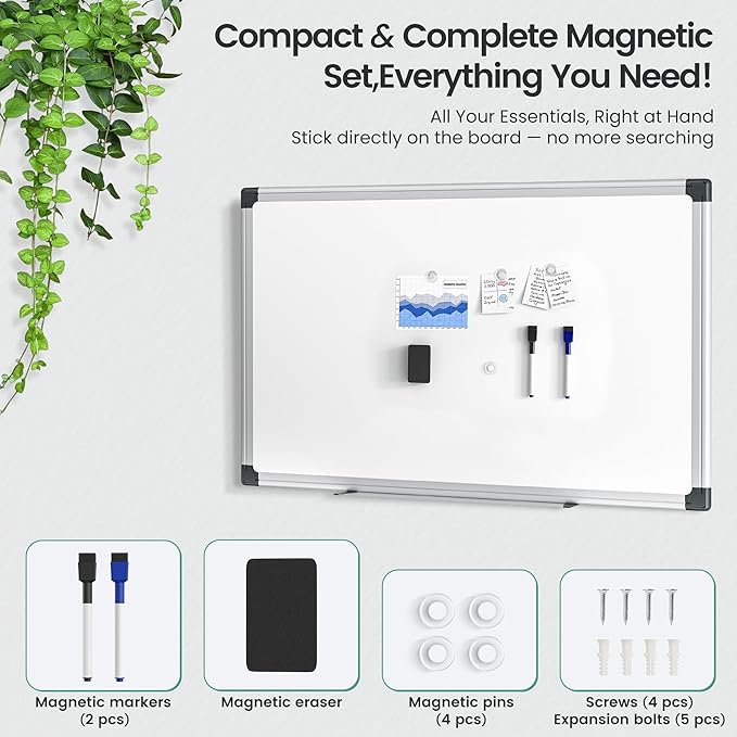 Magnetic White Board 36" x 24" for Wall, Dry Erase Board for Home Office, School, Study Room – Silver Aluminum Frame, 2 Markers, 4 Magnets, Eraser Included