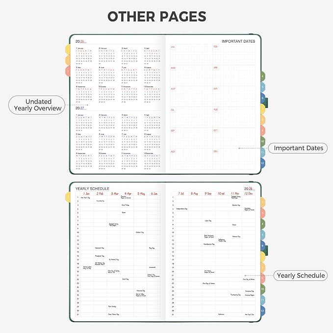 Undated Appointment Book, Hourly, Daily, 52 Weekly & 12 Monthly Planner, 6 AM - 8 PM, Medium Size (5.7" x 8.3"), Leather Hardcover, 12 Self-adhesive Monthly Tabs (Dark Green)