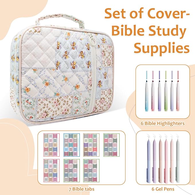 Bible Cover Case For Women,Large Bible Bag with Study Supplies,Quilted Bible Carrying Case for Girls,Portable Bible Case with Highlighter, Pens,Tabs,Bible Study Gifts for Women