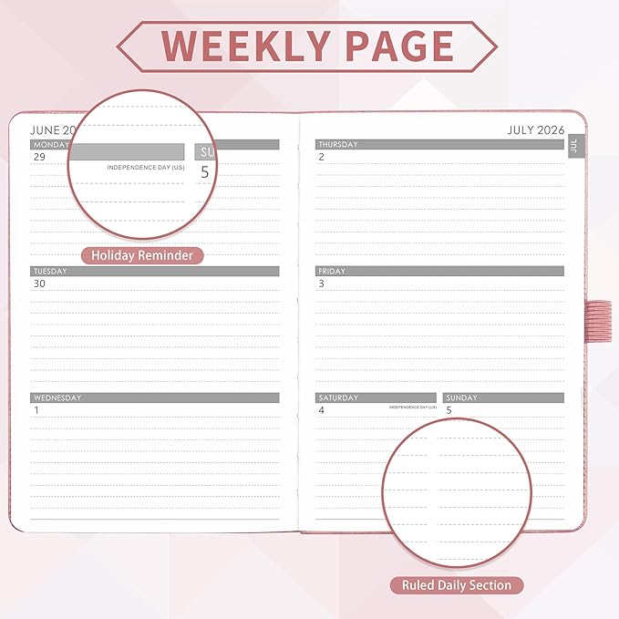 2026-2027 Planner - Academic Planner 2026-2027 Weekly Monthly Planner, July 2026 - June 2027, 5.7'' x 8.4'', Thick Paper, Leather Cover, Pen Holder, Back Pocket, Perfect Daily Organizer - Rose Gold