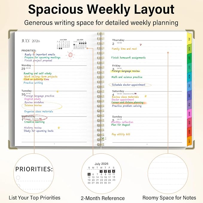 Academic Planner 2026–2027, A4 Hardcover Weekly Monthly Planner, Large 8.5" x 11" School Year Planner July 2026 to July 2027, with Bookmark, Pocket Folder and Sticky Notes, Smiley Face