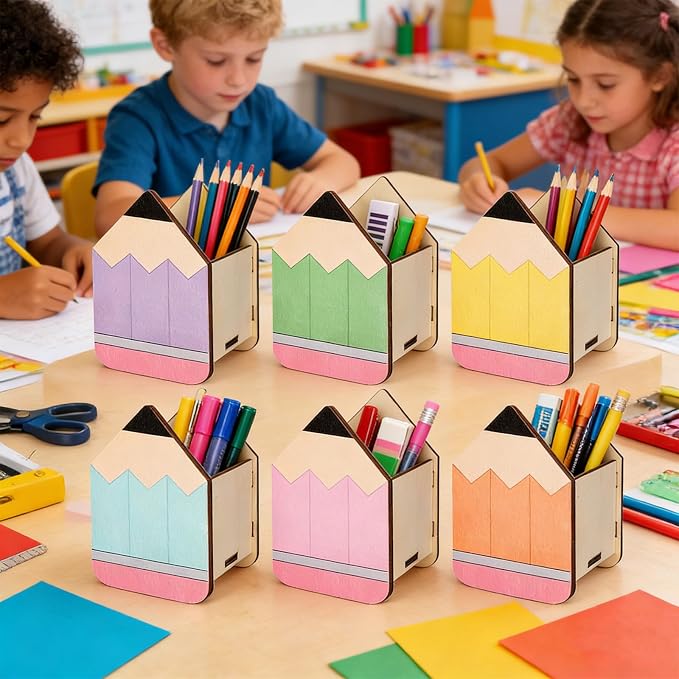 Zhehao 6pcs Pencil Shaped Pen Holders for Desk Back to School Notebook Wooden Pen Storage Organizer, Cute Desktop Pencil Cups, Stationery Pot Bulk for Back to School Teacher Classroom Office Supplies