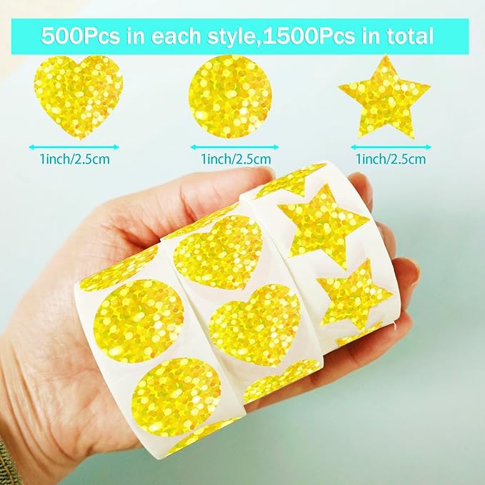 1500 Pcs Glitter Self Adhesive Foil Stickers for Kids Reward,Gold Star Stickers Heart Stickers Round Stickers for Kid Teacher Envelope Valentine Wedding Birthday Party Christmas Decoration(1inch)