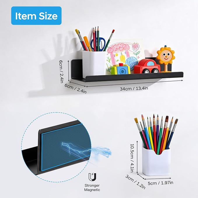 2 Pack 13.5" Metal Magnetic Bookshelf for Whiteboard, Strong Reusable Magnetic Display Shelf, Holds up to 12 lbs, Storage Organizer for Classroom, Kids Room, Office, Kitchen & Garage
