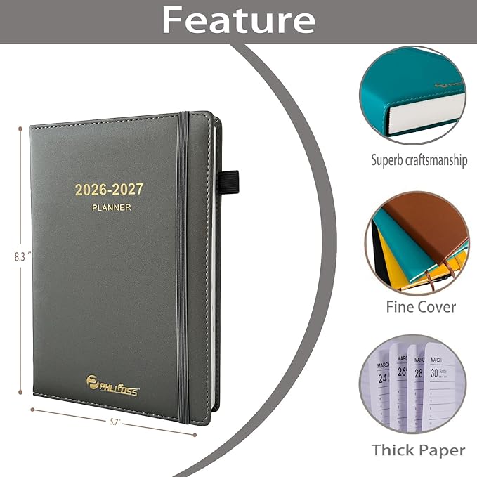 Daily Planner 2026-2027, Academic Calendar(July 2026 - June 2027) - One Page Per Day, Daily Monthly Agenda, 5.7" x 8.3" Appointment Book with Hourly Schedule and Monthly Tabs (Dark Gray)