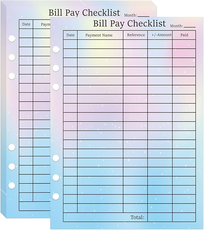 50 Pack Payment Checklist Refills 6-Hole Punched Loose Leaf Budget Planner Refill - Colorful Monthly Budget Forms Budget Planner Note Card for A5 Binder Saving Organizer Budgeting (Colorful)