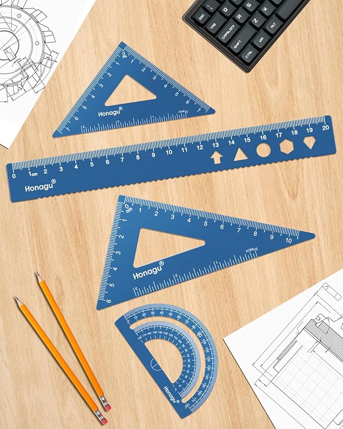 Honagu Triangular Ruler Set, 4 Pieces Aluminum Alloy Ruler, Metal Drafting Ruler, Geometric Protractor for Students, Draftsmen, Engineers, Home School Office Supplies (20cm/7.87inches, Blue)