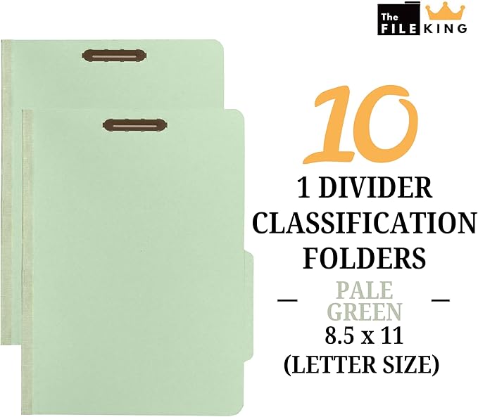 The File King One Divider Pale Green Pressboard Classification File Folder - Letter Size | Box of 10 | Top Tab | 2” Expansion | Four 2-Inch Durable Fastener Prongs | USA Made