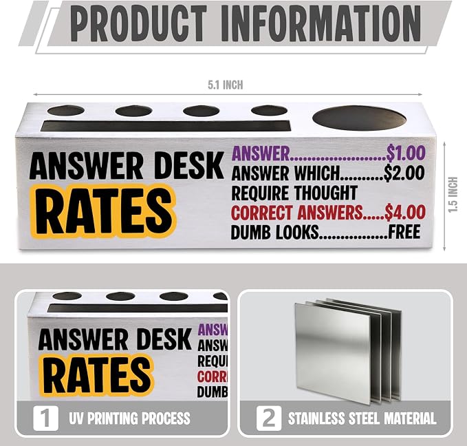 FOKCBOCM Funny Office Pen Holder with Answer Desk Rates Design, Stainless Steel Organizer Gift for Coworker, Sarcastic Workplace Humor Desk Decor, Rule Style Accessory-DS128