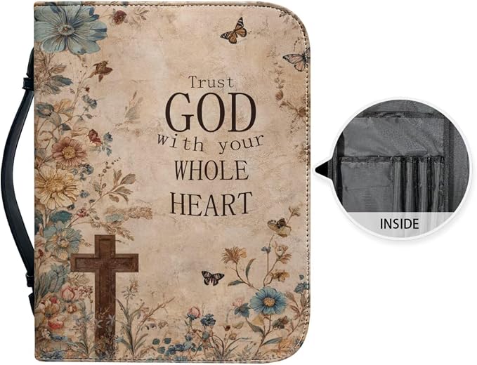 Retro Style Brown Cross Bible Case with Bookmark Waterproof Bible Cover Case for Women Lightweight Bible Bag with Handle Pockets Church Book Bag