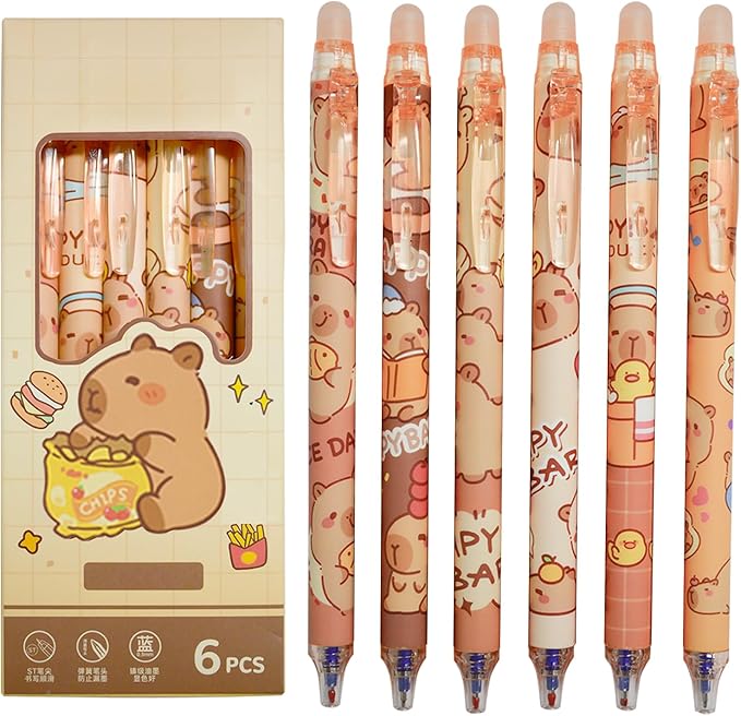 Rexinc 6PCs Capybara Mechanical Erasable Gel Pens, Cute Animal Cartoon Capibara Back to School Supplies, 0.5mm Blue Ink Kapibara Pens Office Kids Students Girls Boys Party Birthday Favors