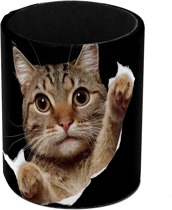 Leather Pen Holder for Desk, Cat Makeup Brushes Holder Pencil Cup Multifunctional Desktop Organizer Caddy for Home School Office Desk Accessories