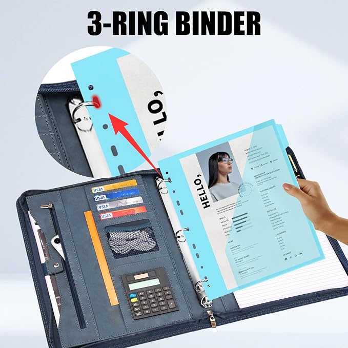 Eshow Portfolio Organizer - 3 Ring Binder with Zipper, Vegan Leather Business Padfolio Folder with Notepad Includes 5 Color Sheet Protectors for Documents Files for Men Women