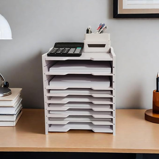 A4 Wooden Desk Letter Tray, Paper Organizer Storage with Adjustable Shelves, Stackable File Sorter for Notes, Pens, File Paper and Desk(Portrait-8tray(with 7 Adjustable Shelves))