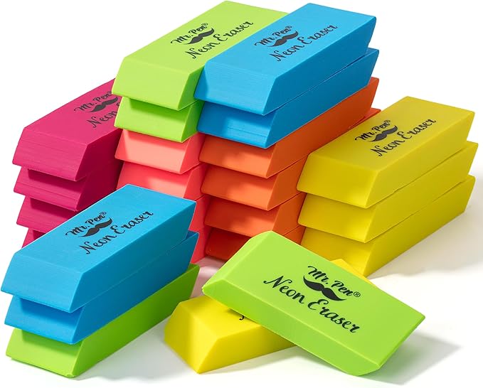 Mr. Pen- Pencil Eraser, 24 Pack, Neon Colors, Large Latex Free Block Erasers Bulk for School, Office, Art Sketching, Homework, Exams, Clean Smudge-Free Correction