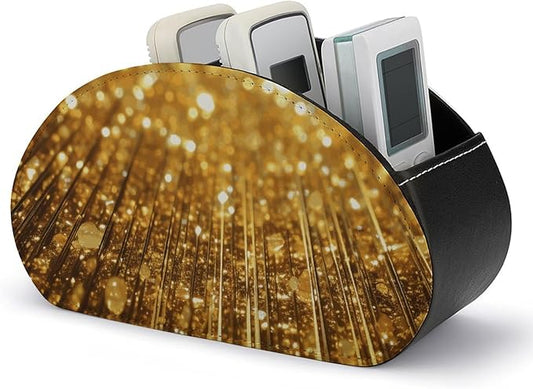 Gold Bling Remote Control Holder with 5 Compartments Leather TV Remote Caddy Remote Storage Box Desktop Organizer for Pen/TV Remotes/Media Controllers/Office Supplies