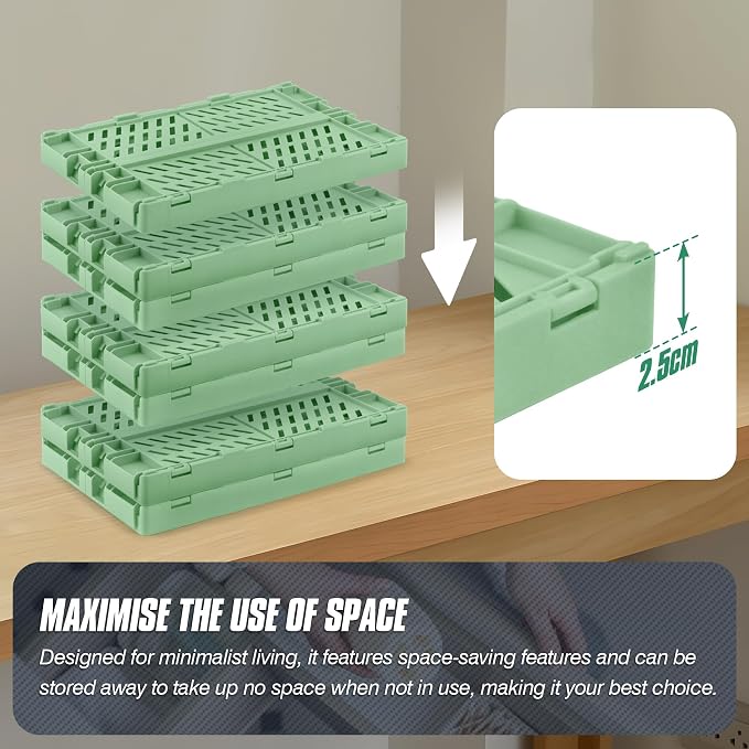 4 Pcs Collapsible Storage Crates, 10x5.9x4 inches Space-Saving Folding Containers, Stackable Plastic Boxes for Home Kitchen Office Bedroom Bathroom, Green