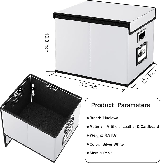 File Organizer Box with Lid, Collapsible Faux Leather Hanging File Folder Box Organizer with Plastic Slides, Decorative Home/Office Filing System Boxes for File and Folders Storage