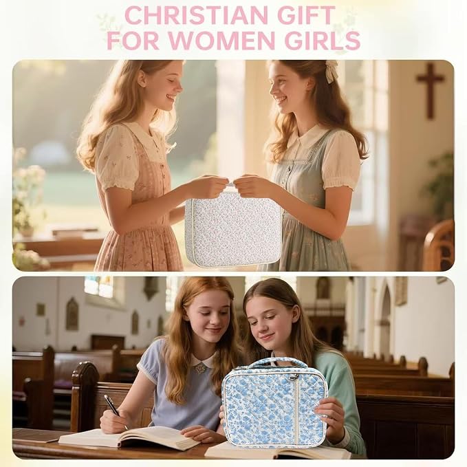 Large Bible Cover Case for Women, Large Floral Quilted Cotton Bible Carrying Cases Protective Bag with Handle and Zippered Pocket for Christian, Bible Study Supplies Christian Gifts (Pink Floral)