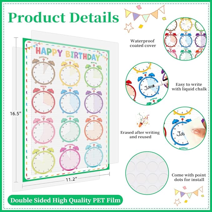 D24TIME Classroom Birthday Chart Calendar - Colorful Reusable Laminated Happy Birthday Poster for Bulletin Board Decoration & Back To School Teacher Supplies