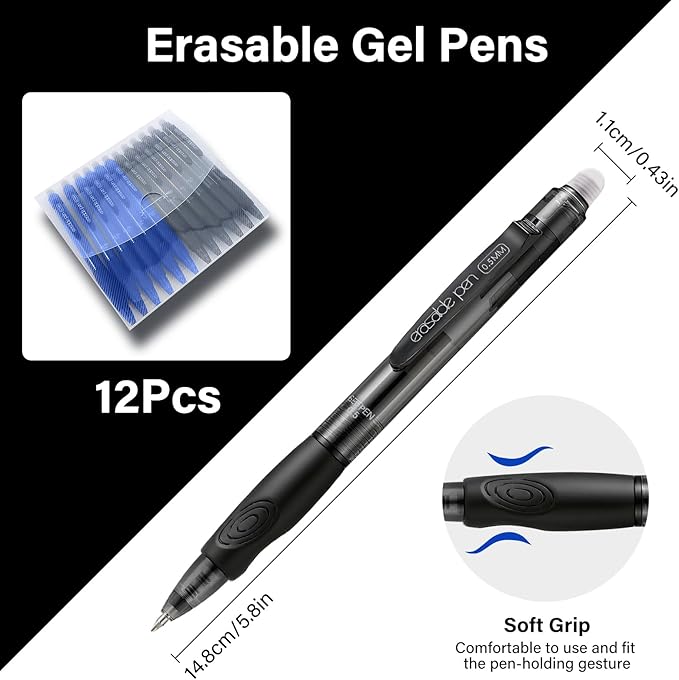EUSOAR Erasable Gel Pens, 12 Pack (6 Black & 6 Blue) Erasable Pen 0.5mm Comfortable Grip, Dry Erase Pens Clicker Fine Point for Office Planner Scheduling Appointments Sketching