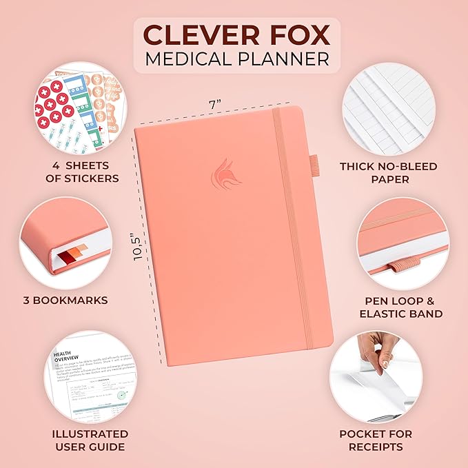 Clever Fox Large Medical Planner 12-Month – Medical Notebook, Health Diary, Wellness Journal to Track Health – 12 Months, 7x10.5″ (Light Pink)